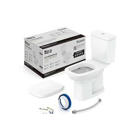Kit Bacia Caixa Acoplada Debba Square C/Assento Queda Amortecida e Complento De Instalção Branco Roca