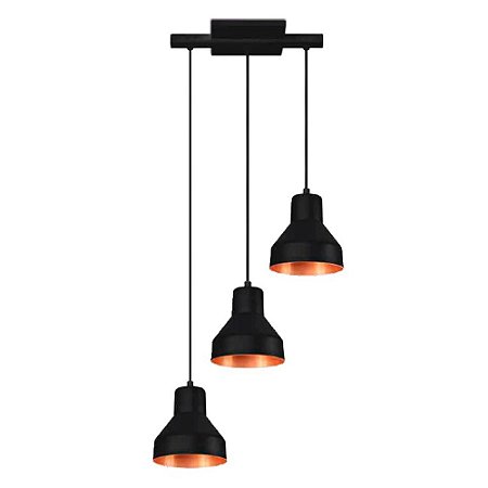 Pendente Viena para 3 Lâmpada E27 Preto e Cobreado Kin Light