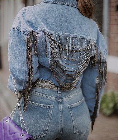 jaqueta jeans com franjas