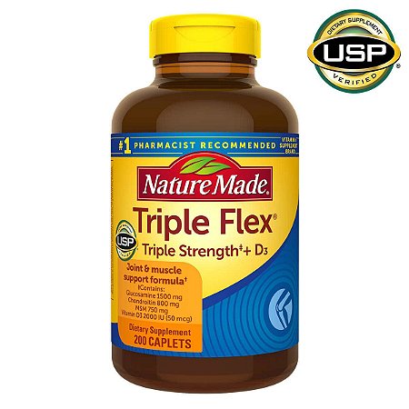 TRIPLE FLEX -GLUCOSAMINA, CHONDROITIN, MSM + VITAMINA D3 DA NATURE MADE 200 CAPLETS – IMPORTADO DOS ESTADOS UNIDOS A PRONTA ENTREGA NO BRASIL