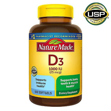 VITAMINA D3 1000 IU COM 650 CAPSULAS SOFTGELS DA NATURE MADE – IMPORTADO DOS ESTADOS UNIDOS