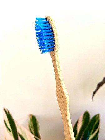 Escova de dente de bambu personalizada - cerdas azuis