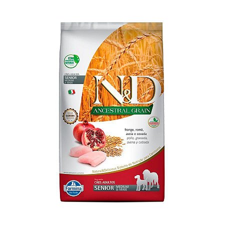 N&D Ancestral Grain Cães Senior Raças Médias e Maxi Frango e Romã 10,1Kg