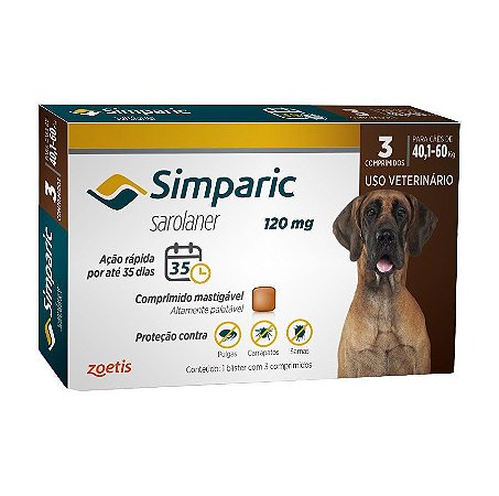 Simparic 120mg Cães de 40,1 a 60Kg Caixa com 3 Comprimidos