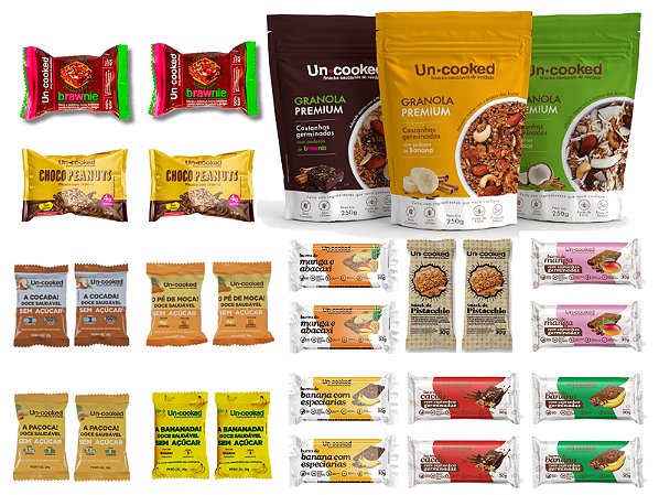 COMBO DEGUSTAÇÃO UNCOOKED - 27 UNIDADES - BARRAS, BRAWNIE, DOCES E GRANOLAS.