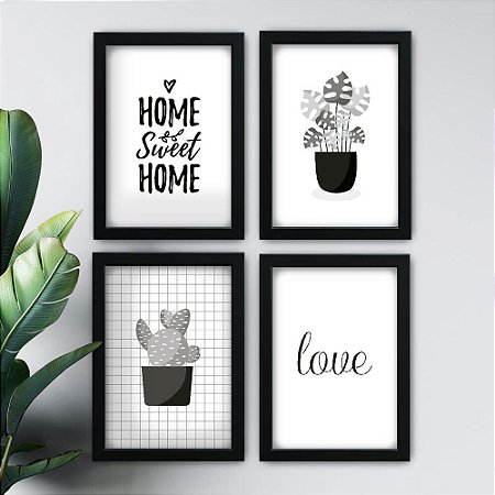 Conjunto de 4 Quadrinhos Home Sweet Home Preto e Branco