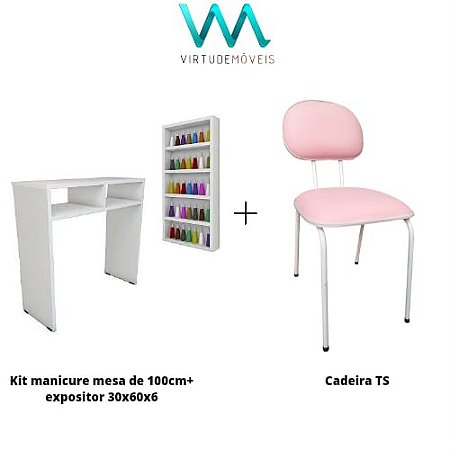 Kit com Cadeira TS e Kit manicure mesa 100cm + expositor de esmaltes  30x60x6 branco - Virtude Móveis