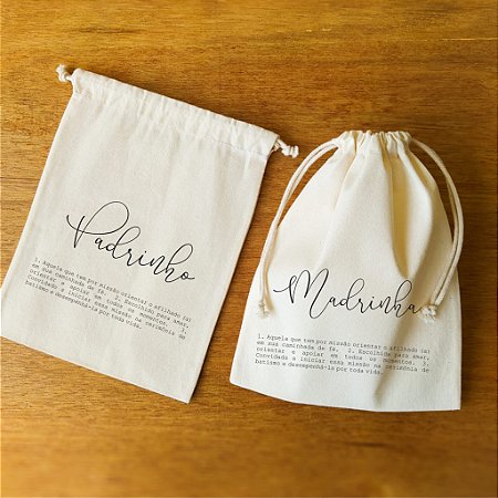 Saquinho de algodão "Padrinho e Madrinha" de batismo.