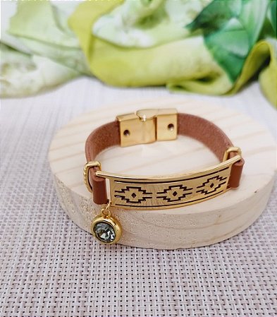 PULSEIRA DE COURO COM BRIDÃO E PINGENTE DE STRASS