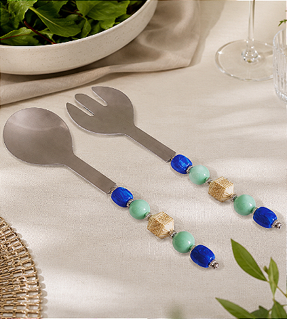 Garfo e Colher de Salada de Inox Decorados com Resina Azul, Marfim e Verde
