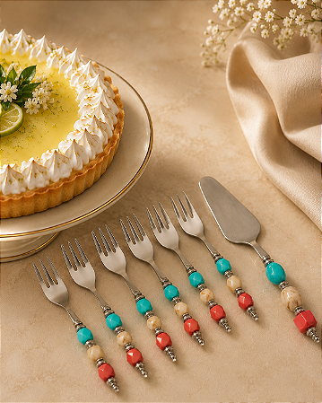 Kit Garfo e Espátula de Bolo de Sobremesa Decorado com 7 peças