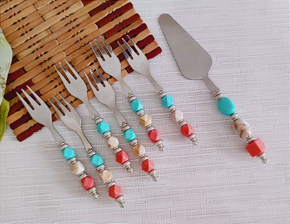 Kit Garfo e Espátula de Bolo de Sobremesa Decorado com 7 peças