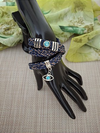 Pulseira de Corda Náutica Chata Azul Mesclada Três Voltas com Pingente Olho Grego e Passante Strass Acqua