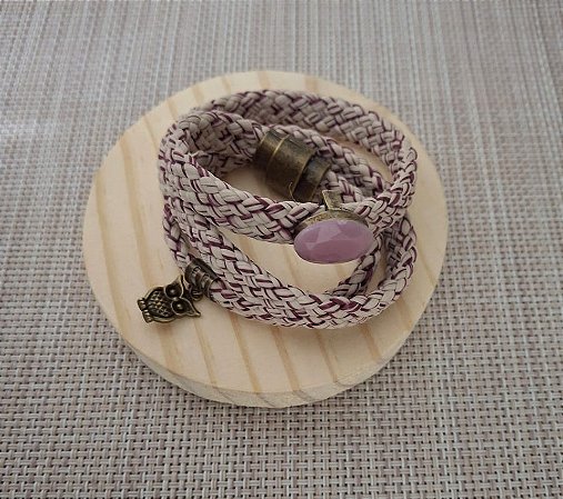 Pulseira de Corda Náutica Chata Nude Mesclado de Três Voltas com Passante e Chaton Rose