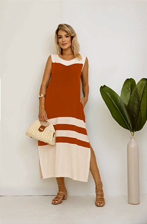 Vestido Longo De Viscolycra Ferrugem e Branco Com Fenda Lateral