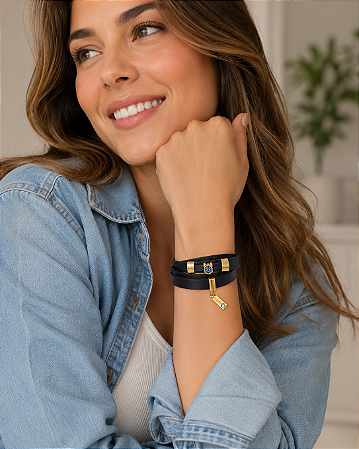 Pulseira de Couro Azul Marinho de Três Voltas com Strass AZul