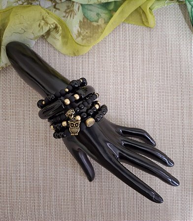 Mix de Pulseiras de Silicone e Resina Preto