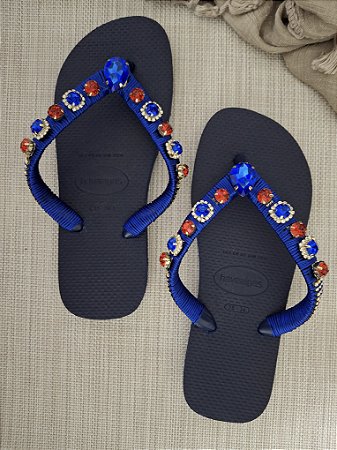 Chinelo Havaiana Customizado com Pedrarias Azul Marinho 35/36