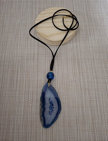 Colar Longo com Pingente de Chapa de Ágata Azul