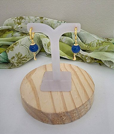 Brinco Dourado com Pedra Natural Ágata  Azul