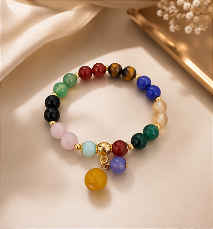 Pulseira em Pedra Natural Ágata Colorida e Olho de Tigre