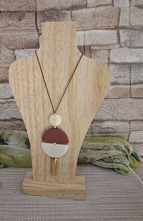 Colar de Cordão e Resina Meia Lua Terracota e Off-White