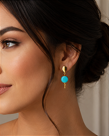 Brinco Pendente Dourado com Howlita Azul