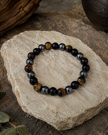 Pulseira Escudo de Proteção Olho de Tigre, Onix e Hematita