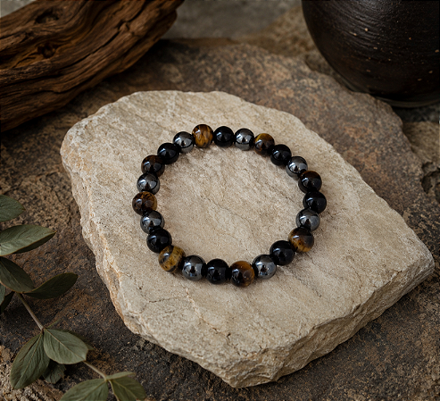 Pulseira Escudo de Proteção Olho de Tigre, Onix e Hematita