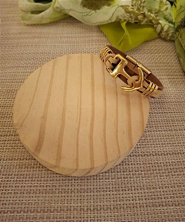 Pulseira de Couro e Passante Âncora