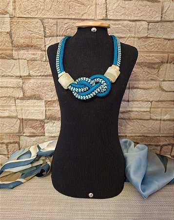 Colar de Corda Náutica Dupla Turquesa e Off-white