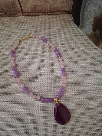 Colar Quartzo Ametista Lilás Pingente Ágata
