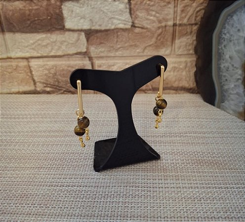 Brinco Pendente Dourado com Pedra Olho de Tigre
