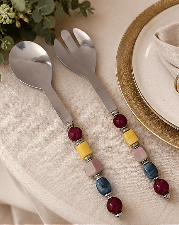 Garfo e Colher Salada Inox Decorados Resina Marsala Azul Rose