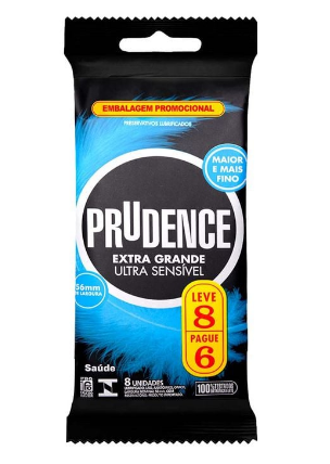 PRESERVATIVO EXTRA GRANDE ULTRA SENSÍVEL LEVE 8 PAGUE 6 UNIDADES PRUDENCE