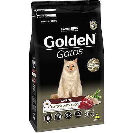 Ração Seca PremieR Pet Golden Gatos Adultos Castrados Carne 3 kilos