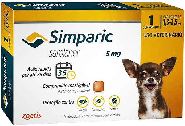 Antipulgas Simparic Cães de 1,3 até 2,5 kilos 5 mg 1 Comprimido