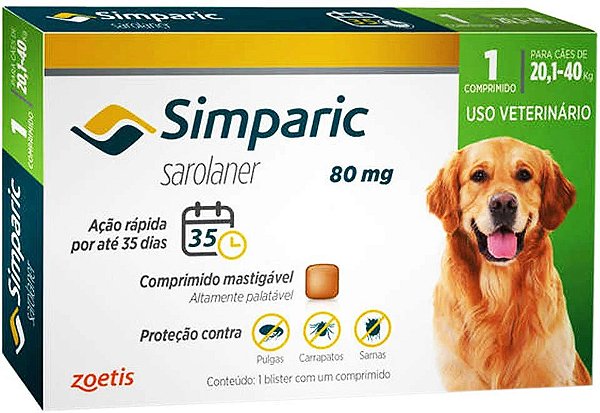 Antipulgas Simparic Cães de 20,1 até 40 kilos 80 mg 1 Comprimido