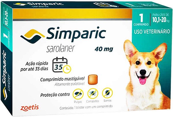 Antipulgas Simparic Cães de 10 até 20 kilos 40 mg 1 Comprimido