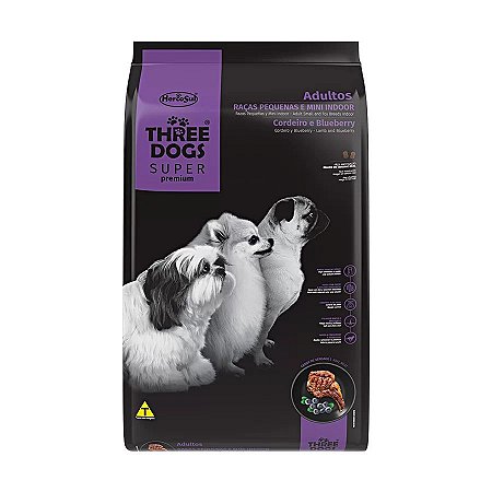 Ração Three Dogs para Cães Adultos de Raças Pequenas Sabor Cordeiro 1 Kilo