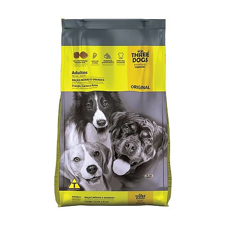 Three Dogs Original para Cães Adultos de Raças Médias e Grandes Sabor Frango, Carne e Arroz 20 Kg