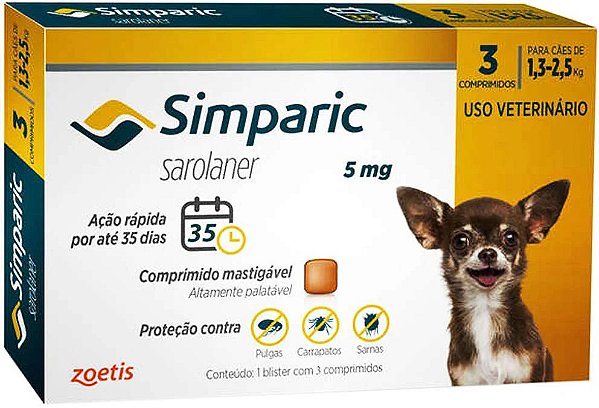 Antipulgas Simparic Cães de 1,3 até 2,5 kilos 5 mg 3 Comprimido