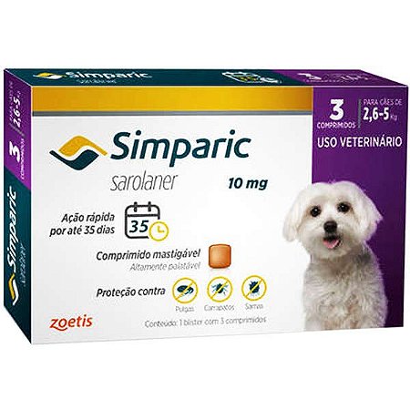 Antipulgas Simparic Cães de 2,6 até 5 kilos 10 mg 3 Comprimido