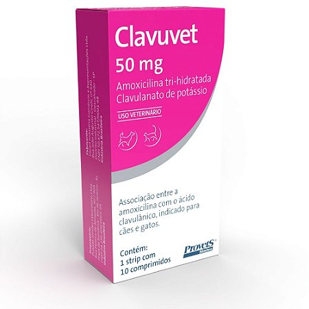 Clavuvet Antibiótico Amoxicilina Com o Ácido Clavulânico Cães e Gatos 50 Mg  10 Comp