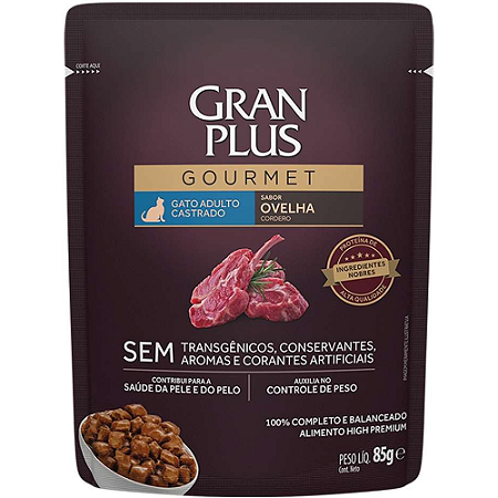 Ração Úmida GranPlus Gourmet Sachê Ovelha para Gatos Castrados 85 Gr