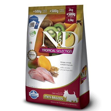 Ração N&D Tropical Selection Cães Adultos Mini Frango, Cereais e Frutas Tropicais 2 kg + 500g Grátis