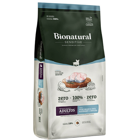 Ração Bionatural Sensitive para Cães Adultos de Raças Pequenas Sabor Peixe Branco, Coco, Blueberry e Ervilha 2,5 Kg