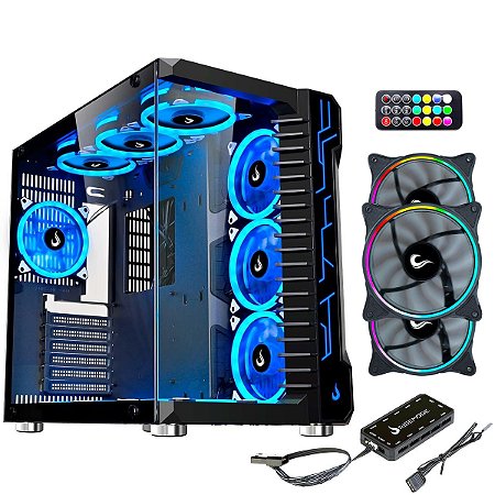Gabinete Gamer Aquario Rise Mode Galaxy Glass Midtower + 3 Coolers com controle