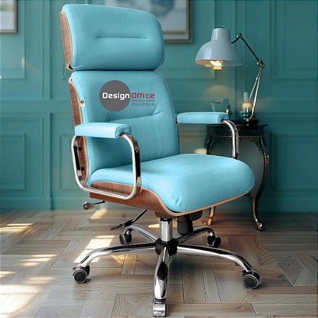 Cadeira Original Eames Presidente com Rodinhas Cromadas e Anti Risco Linha Capa em Madeira Verde Água