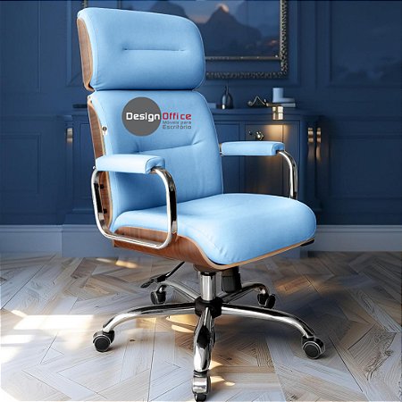 Cadeira Original Eames Presidente com Rodinhas Cromadas e Anti Risco Linha Capa em Madeira Azul Bebê